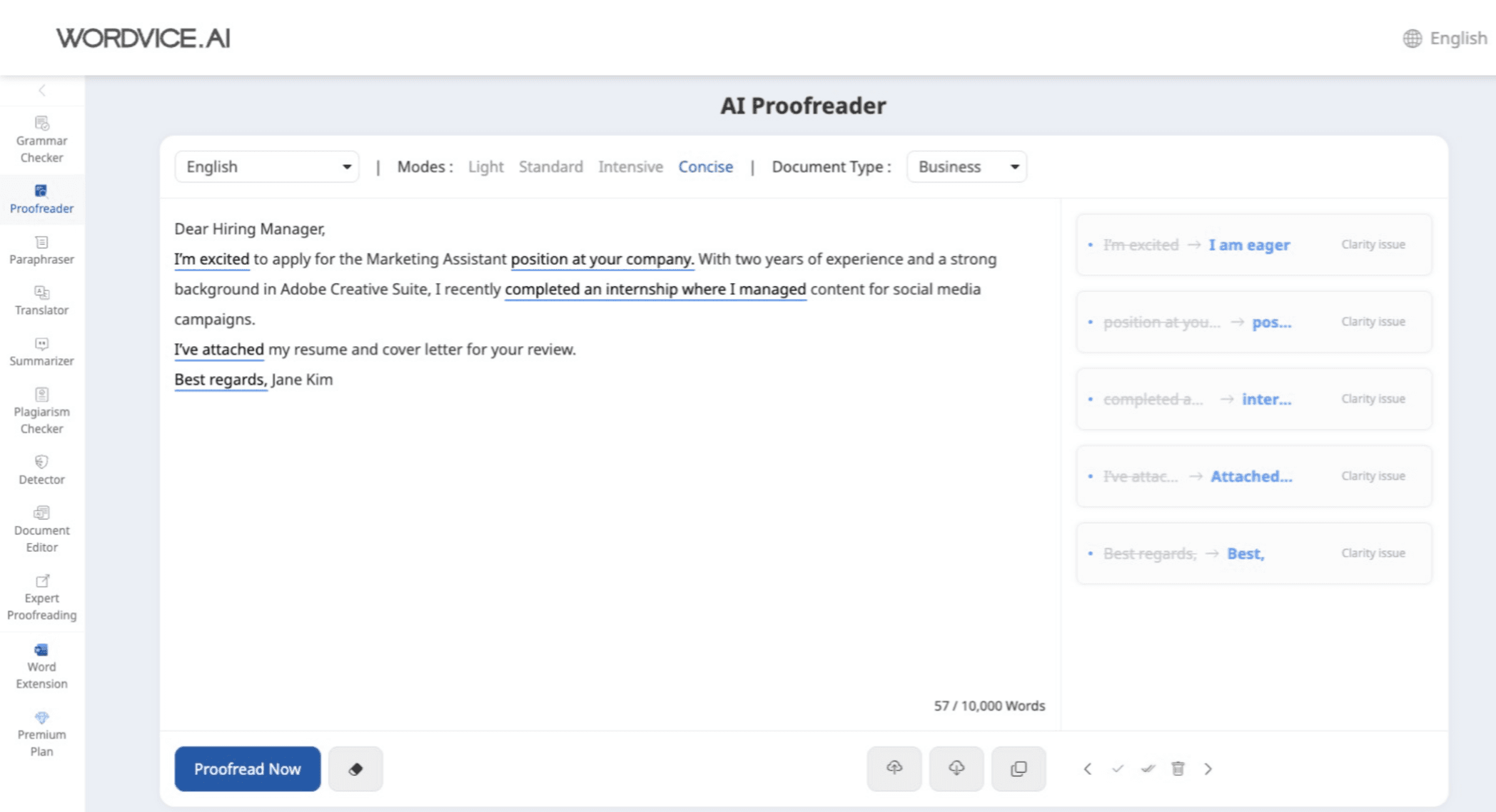 Wordvice AI 英文文法檢查範例