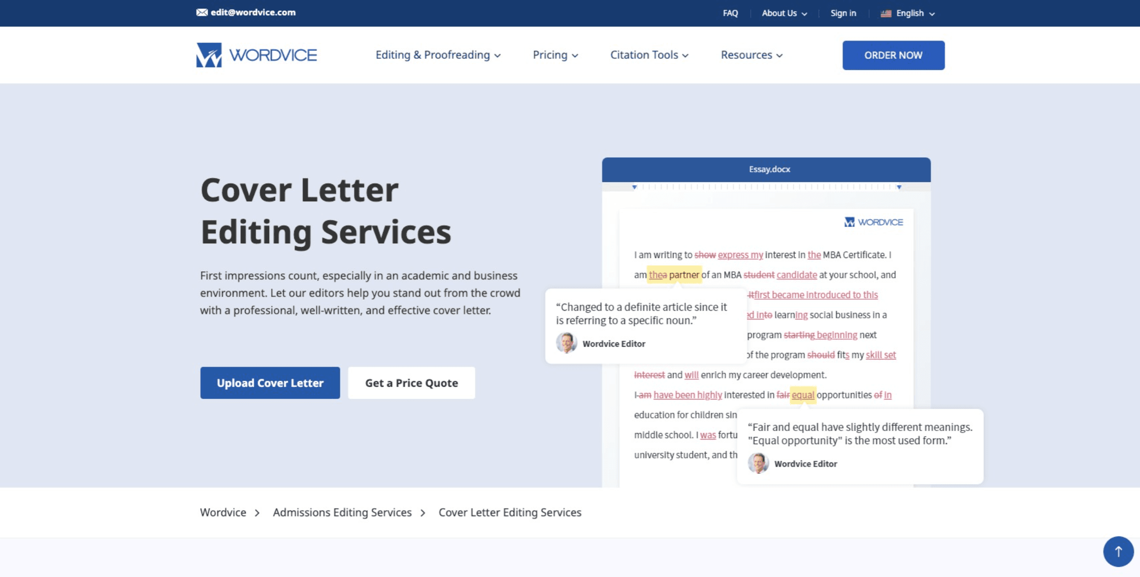 Wordvice Cover Letter Editing Services Webpage