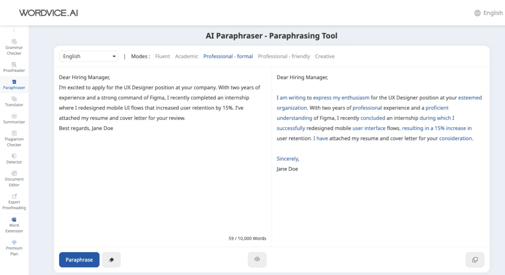 Wordvice AI Paraphraser Example