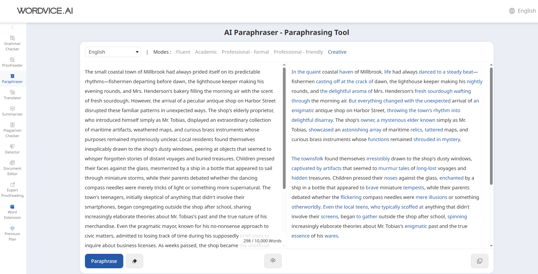 워드바이스 AI 패러프레이징 툴 예시