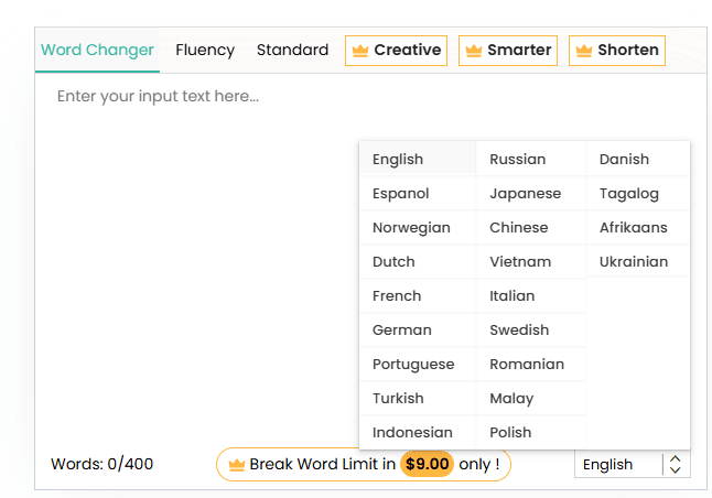 Paraphraser.io 支援語言