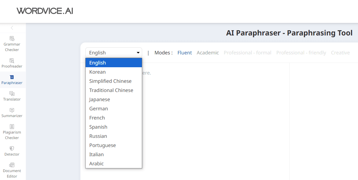 Wordvice AI Paraphraser Language Support