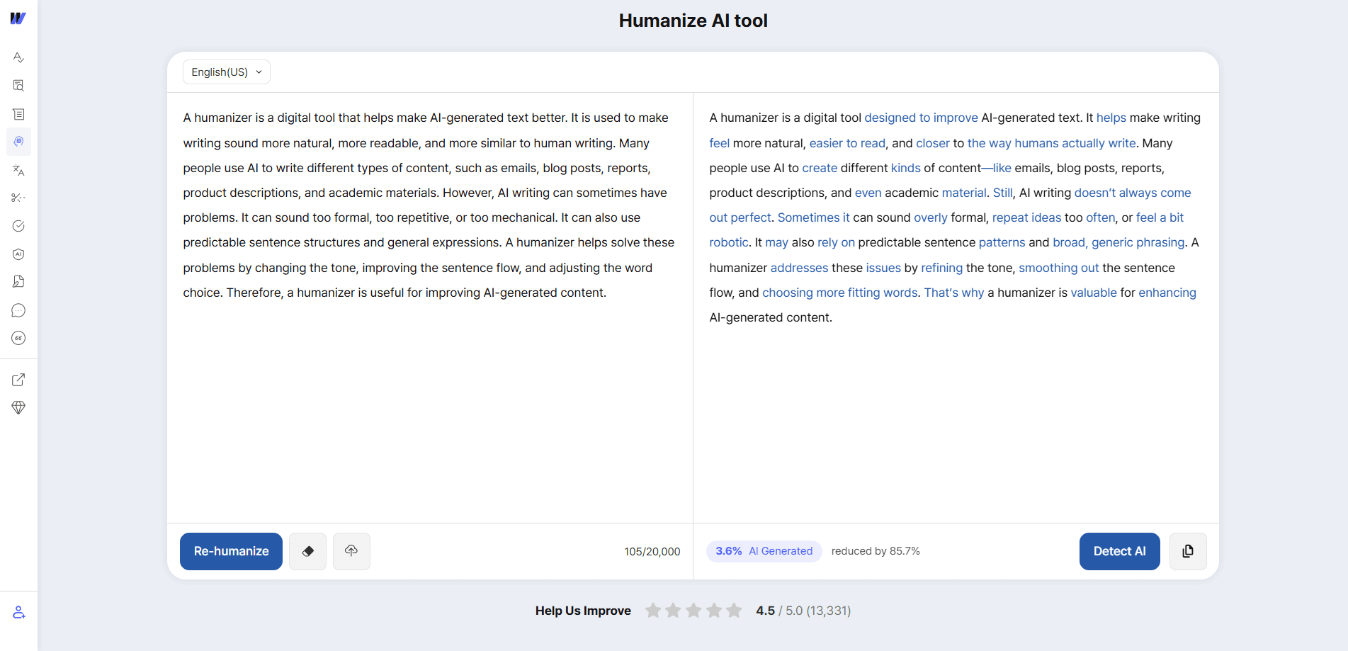 Wordvice AI humanizer interface