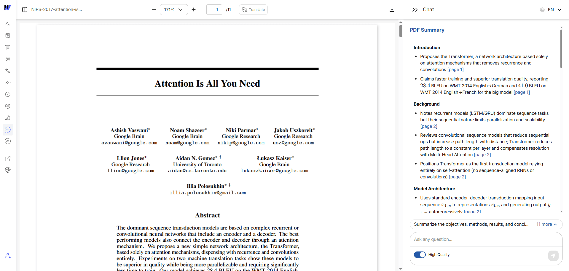Wordvice AI PDF Summarizer interface