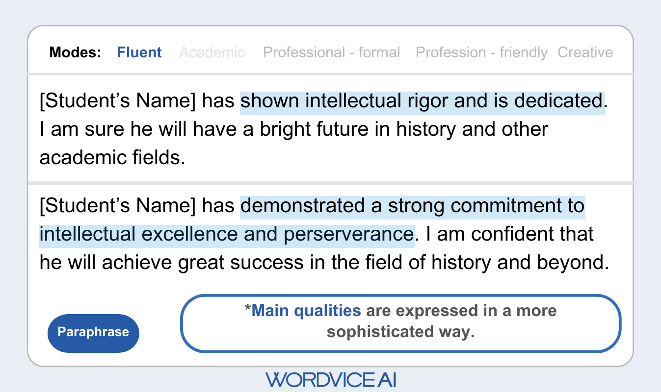 Wordvice AI recommendation letter paraphrasing