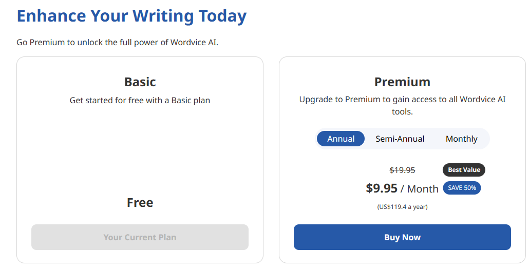 Wordvice pricing plan details