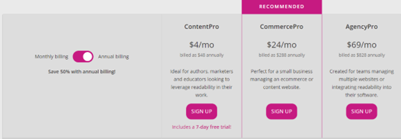 Readable Pricing Page